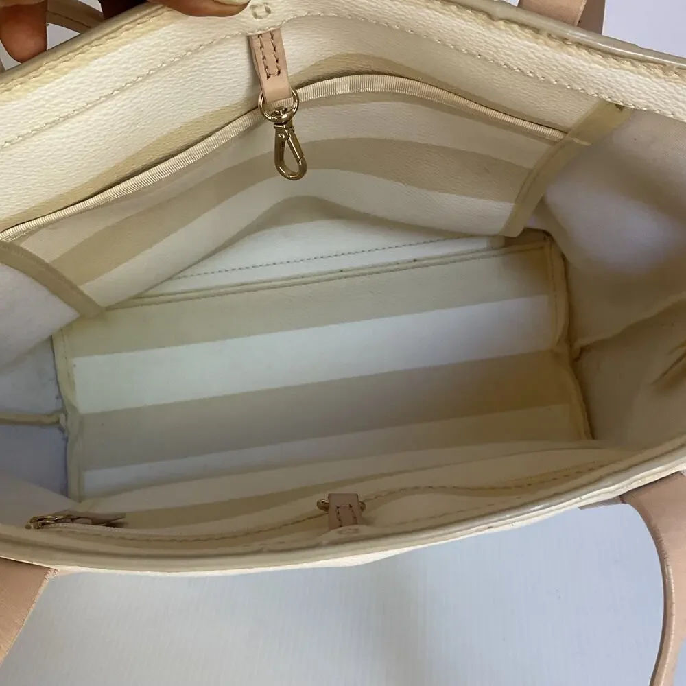 Kate Spade New York Striped Tote Bag Cream Beige Spade Charm Bow Shopper